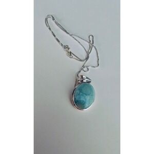 Vintage Sterling Silver Large Natural Larimar Oval Pendant Necklace 18"